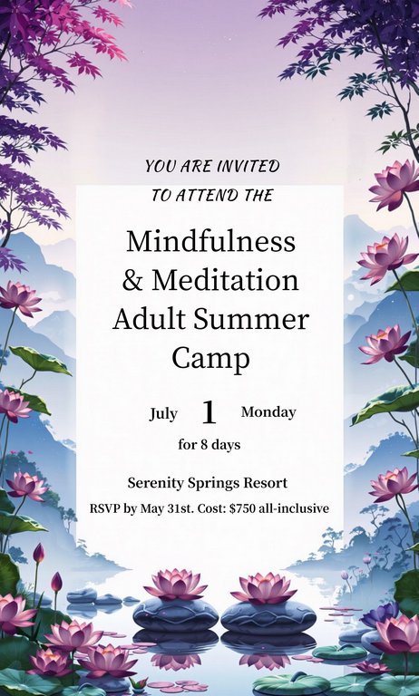 Purple White Minimalist Mindfulness Meditation Adult Summer Camp Invitation