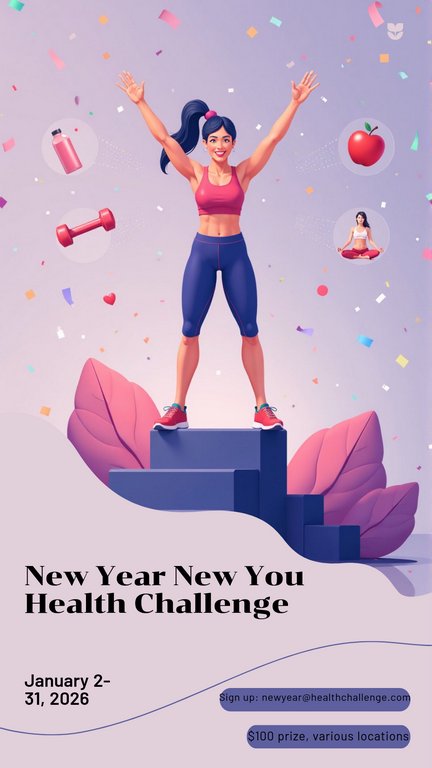 Purple Silver Flat Illustration New Year Centers Plan for Healthy Living Challenge Poster
