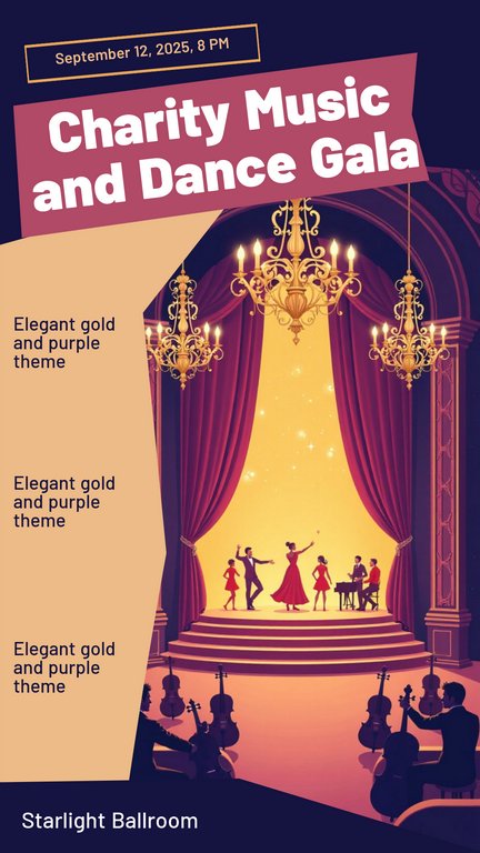 Gold Purple Flat Illustration Charity Music and Dance Gala Poster