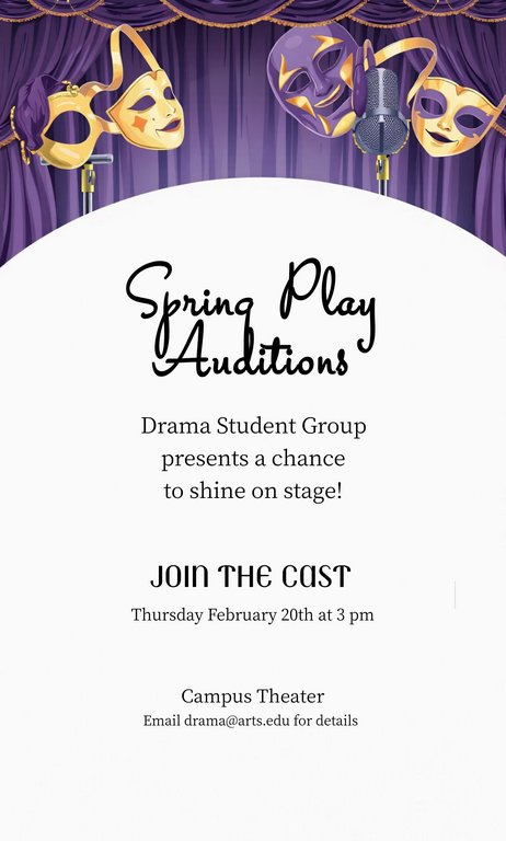 Purple Gold Flat Illustration Drama Student Group Auditions Invitation