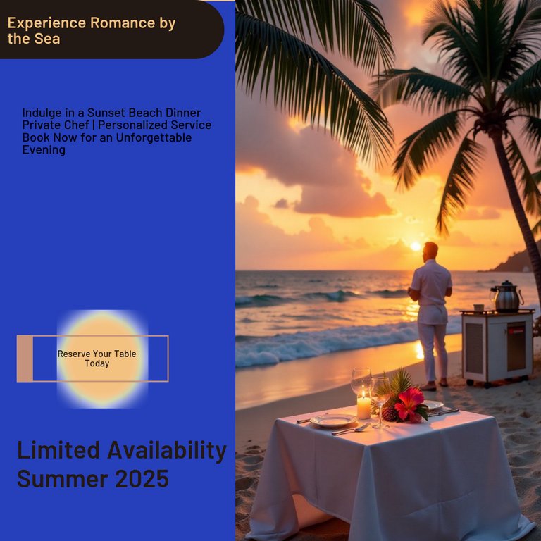 Orange Blue Photorealistic Beach Sunset Romantic Dinner LinkedIn Post