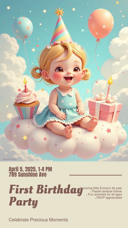 Colorful Illustration First Birthday Celebrate Precious Moments Poster