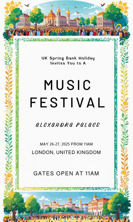 Colorful Flat Illustration UK Spring Bank Holiday Music Festival Invitation