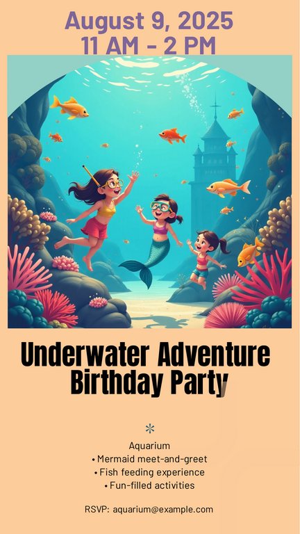 Blue Teal Flat Illustration Underwater Adventure Kids Birthday Party Poster